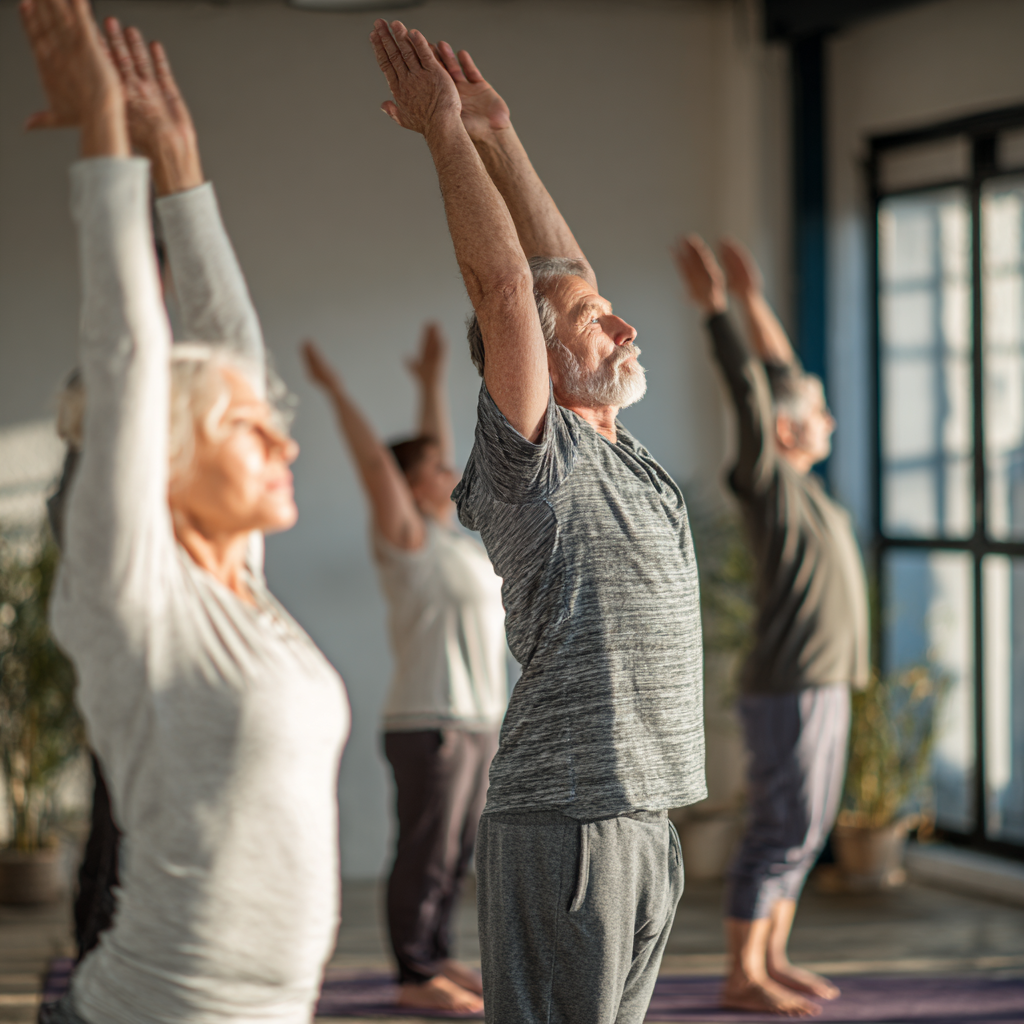 Middle-aged adults practicing gentle stretching exercises in natural light