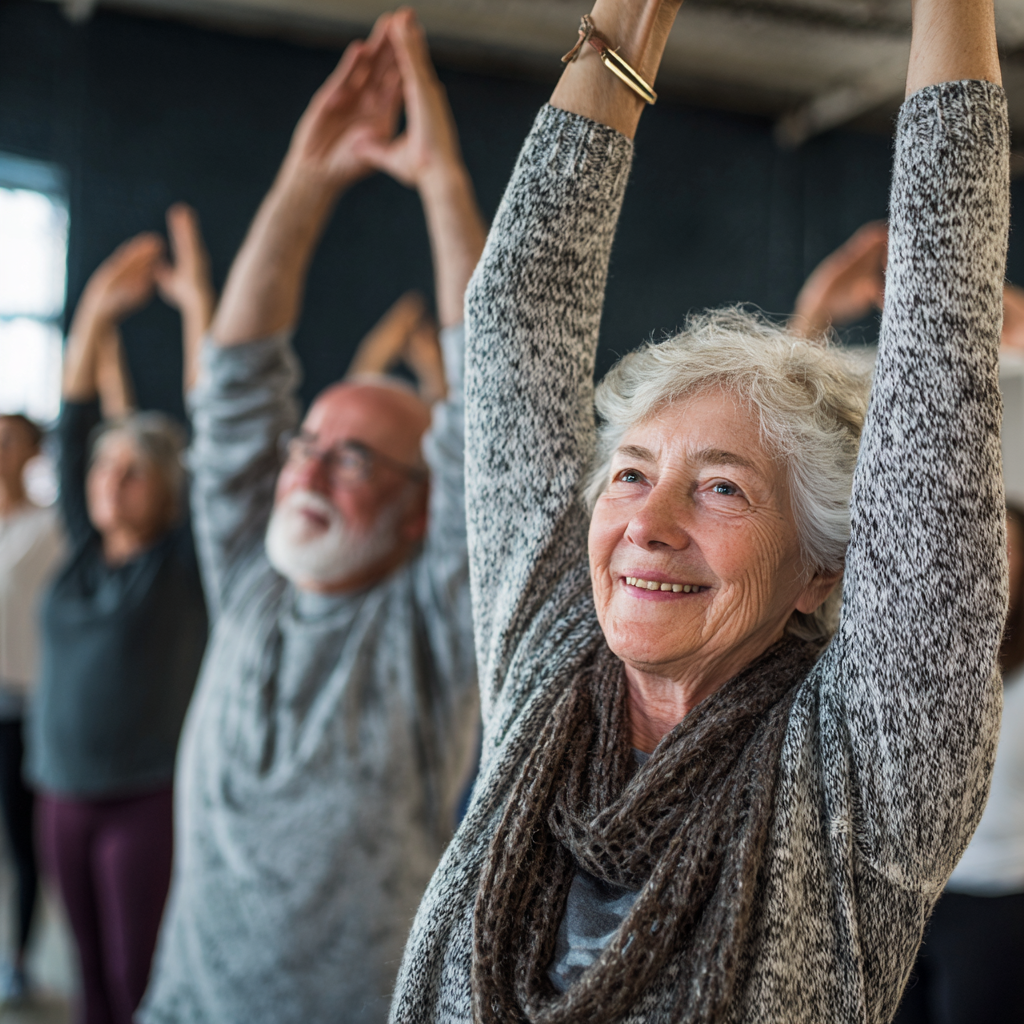 Older adults engaging in mindful movement and stretching exercises throughout the day